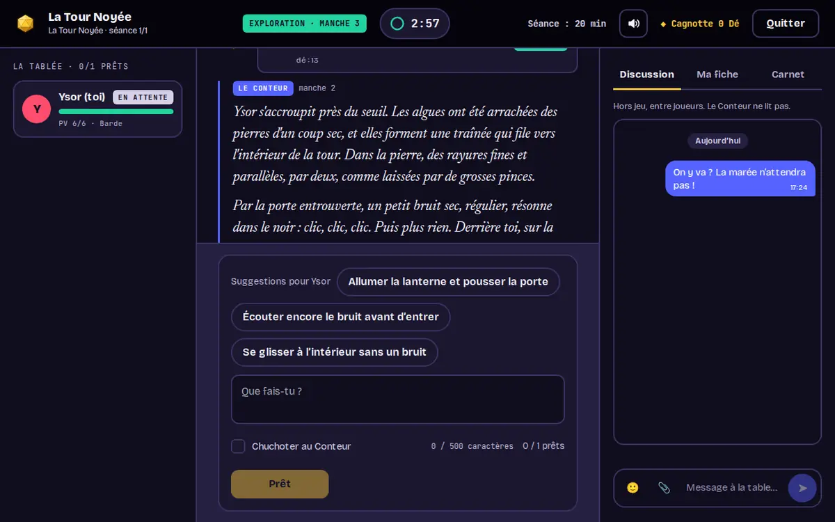Une manche en cours : le récit du Conteur, un jet de dé et les suggestions d’actions.
